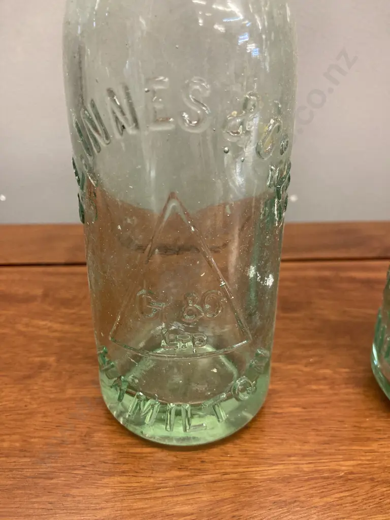 C.L. Innes & Co. Hamilton Bottles  x 2 - Codd Bottle, Stylised Logo & 6348 On Base &1913 Embossed Aqua Glass Bottle Image 1++